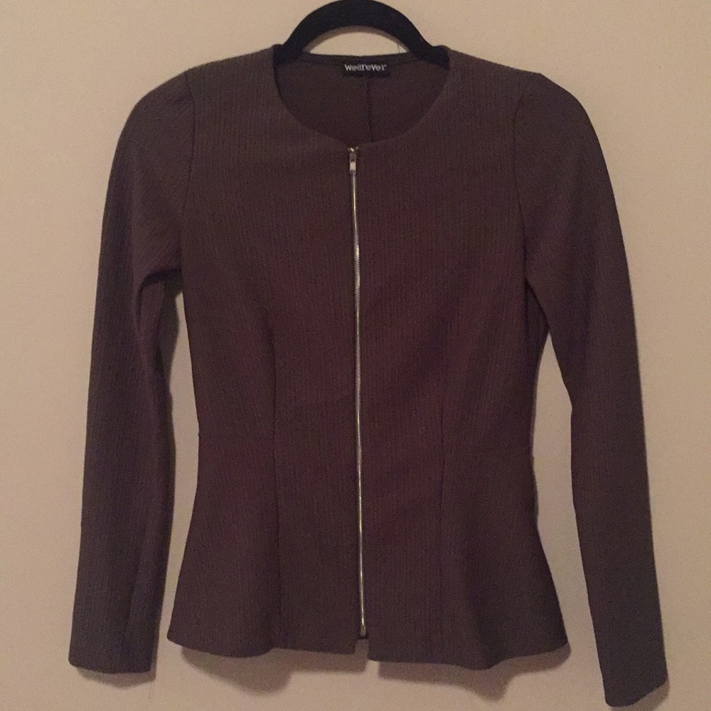 Dark Olive Peplum Blouse with Zip Front